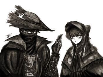 1boy 1girl black_hair bloodborne bonnet cloak cosplay fromsoftware gloves hat highres hunter_(bloodborne) komi-san_wa_komyushou_desu komi_shouko mask monochrome mouth_mask plain_doll tadano_hitohito tricorne yyiek?