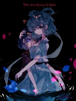 2girls black_background blue_dress blue_eyes blue_hair blue_nails closed_mouth commentary_request cowboy_shot dress english_text engrish_text fingernails hair_rings hand_on_another&#039;s_head hug jiangshi kaku_seiga looking_at_viewer miyako_yoshika multiple_girls ofuda one-hour_drawing_challenge purple_shirt ranguage red_nails ripples shinjitsu_no_kuchi shirt short_hair short_sleeves smile touhou vest water white_vest