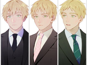 Rule 34 | 1boy, axis powers hetalia, black jacket, black vest, blonde hair, blue necktie, blush, breast pocket, brown jacket, buttons, checkered clothes, checkered jacket, collared shirt, commentary request, formal clothes, green eyes, green jacket, green necktie, huacai, jacket, lapels, looking afar, looking at viewer, male focus, multiple views, necktie, open clothes, open jacket, open mouth, pink necktie, pocket, shirt, short hair, simple background, striped necktie, suit, suit jacket, teeth, united kingdom (hetalia), upper body, v-shaped eyebrows, vest, white background, white shirt