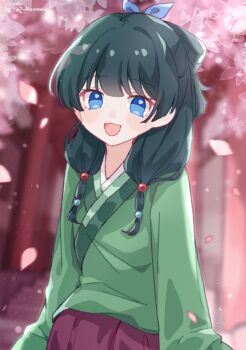 Rule 34 | 1girl, :d, artist name, blue eyes, blue ribbon, blurry, blurry background, blush stickers, cherry blossoms, commentary, cowboy shot, green hair, green shirt, hair intakes, hair ribbon, highres, kusuriya no hitorigoto, long hair, long sleeves, looking at viewer, maomao (kusuriya no hitorigoto), open mouth, pleated skirt, red skirt, ribbon, shirt, skirt, smile, solo, torii, yukomeow