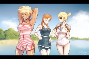Rule 34 | arms up, bare shoulders, blonde hair, blush, braid, breasts, cleavage, closed eyes, closed mouth, clothing request, cloud, collarbone, day, eyepatch, fluffkaiser, freckles, hair bun, hair up, highres, long hair, medium breasts, nervous sweating, open mouth, orange hair, original, outdoors, scar, short hair, shoulder tattoo, sky, small breasts, smile, sofiya (fluffkaiser), standing, sweat, swimsuit, tattoo, twin braids