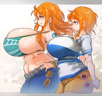 2girls arm_tattoo bare_shoulders before_and_after belt bikini bikini_top_only bracelet breasts brown_eyes collarbone cowboy_shot cropped_legs denim earrings from_side huge_breasts jeans jewelry large_breasts long_hair miniskirt multiple_girls nami_(one_piece) nami_(one_piece)_(east_blue) nami_(one_piece)_(return_to_sabaody) one_piece orange_hair pants sachito shirt short_hair short_sleeves skirt smile standing tattoo white_shirt