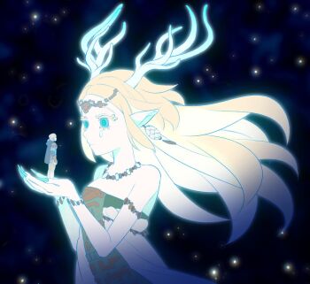 00bbb_lz 1boy 1girl animal_ears aqua_nails armlet armor bare_shoulders black_cloak blonde_hair blue_eyes blue_tunic bracelet breasts circlet cloak colored_eyelashes dragon_ears dragon_girl dragon_horns dress earrings fingernails hashtag-only_commentary hood hood_down hooded_cloak horns in_palm jewelry light_dragon_(zelda) link long_fingernails long_hair looking_at_another low_ponytail medium_breasts necklace nintendo parted_bangs ponytail princess_zelda shoulder_armor sidelocks size_difference spoilers standing strapless strapless_dress teardrop_facial_mark the_legend_of_zelda the_legend_of_zelda:_tears_of_the_kingdom transformation tunic upper_body white_dress