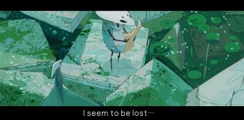 absurdres artist_name character_request chinese_commentary commentary_request english_text film_grain fireflies from_above full_body gender_request halftone halftone_background highres hightguy holding holding_map hollow_eyes hollow_knight letterboxed lily_pad map no_mouth outdoors pond rock scenery standing subtitled
