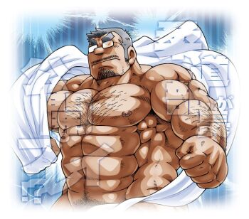 1boy abs bara bare_pectorals beard_stubble cowboy_shot facial_hair glasses hairy large_pectorals looking_at_viewer male_focus male_pubic_hair mature_male muscular muscular_male navel navel_hair nipples noda_gaku opaque_glasses original partially_opaque_glasses pectorals pubic_hair short_hair solo sparse_chest_hair stomach strongman_waist stubble thick_arm_hair thick_eyebrows thick_navel_hair translation_request undressing yarofes:2019