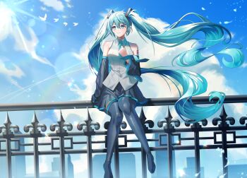 1girl absurdres aqua_eyes aqua_hair aqua_necktie aqua_trim arm_tattoo bird black_skirt boots breasts closed_mouth cloud cloudy_sky collared_shirt hair_between_eyes hair_ornament hand_on_own_chest hatsune_miku highres konya38 long_hair medium_breasts miniskirt necktie number_tattoo pleated_skirt shirt sitting skirt sky sleeveless sleeveless_shirt smile solo tattoo thigh_boots twintails very_long_hair vocaloid white_shirt