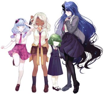 4girls black_footwear black_hair black_pantyhose blindfold blue_hair blue_skirt blue_socks cardigan clothes_around_waist collared_shirt dark-skinned_female dark_skin dress full_body gradient_hair green_hair grey_cardigan gyaru hair_ornament hairband heart heart_hair_ornament highres jacket jacket_around_waist king_of_greed knight_of_despair library_of_ruina long_hair low_twintails medium_hair multicolored_hair multiple_girls necktie pantyhose pinafore_dress pink_necktie pink_skirt plaid_clothes plaid_skirt pleated_skirt project_moon queen_of_hatred servant_of_wrath shirt shoes short_sleeves simple_background skirt sleeveless sleeveless_dress socks standing thighhighs twintails v very_long_hair white_background white_hair white_shirt white_socks white_thighhighs y_o_u_k_a yellow_jacket