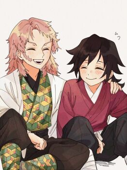 2boys black_hair black_pants closed_eyes closed_mouth facial_scar haori highres japanese_clothes kikkoumon kimetsu_no_yaiba kimono long_hair low_ponytail multiple_boys open_mouth orange_hair pants ponytail print_kimono red_kimono sabito_(kimetsu) scar scar_on_cheek scar_on_face simple_background sitting smile spiked_hair teeth tomioka_giyuu u_take22 white_background white_haori