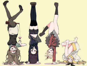 >:) >_< 4girls alcohol bare_legs black_camisole black_hair black_hairband black_shoes black_socks blonde_hair blue_eyes bow_hairband breasts brown_hair brown_pantyhose brown_shoes camisole clenched_teeth cup decantering drinking_glass failure glasses green_shirt grey_skirt hairband handstand highres holding holding_cup inoue_takina kurumi_(lycoris_recoil) loafers long_hair long_sleeves lycoris_challenge_(meme) lycoris_recoil lycoris_uniform meme multiple_girls nakahara_mizuki nishikigi_chisato one_arm_handstand one_eye_closed open_mouth pantyhose panyatteria pencil_skirt pouring purple_eyes red-framed_eyewear red_eyes semi-rimless_eyewear shirt shoes short_sleeves shorts shorts_under_skirt simple_background skirt skirt_hold smile smug socks teeth v-shaped_eyebrows white_skirt yellow_background
