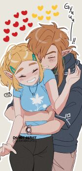 ! !! 1boy 1girl absurdres black_pants blonde_hair blue_shirt blush braid breasts brown_pants clock closed_eyes commentary couple crown_braid earrings english_commentary english_text floral_print grin hair_between_eyes hair_ornament hanaberin happy heart highres hug hug_from_behind jewelry link long_hair medium_breasts necklace nintendo pants pointy_ears princess_zelda shirt simple_background smile spoken_blush the_legend_of_zelda the_legend_of_zelda:_breath_of_the_wild twitter_username upper_body