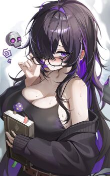1girl absurdres adjusting_eyewear armpit_crease belt black_hair black_sweater blush book breasts brown_belt cleavage eunyoo glasses goddess_of_victory:_nikke hair_over_one_eye highres holding holding_book label_(nikke) large_breasts looking_at_viewer messy_hair mole mole_on_breast multicolored_hair mushroom off_shoulder purple_eyes purple_hair simple_background skull solo sweat sweater two-tone_hair upper_body white_background