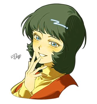 1girl black_hair blue_eyes blush fa_yuiry grin gundam kamonekm long_sleeves portrait short_hair simple_background smile solo straight_hair white_background zeta_gundam