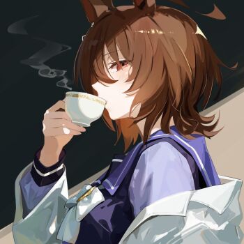 1girl absurdres agnes_tachyon_(umamusume) ahoge animal_ears brown_hair chemical_structure cup drinking earrings hair_between_eyes highres holding holding_cup horse_ears horse_girl huge_ahoge jewelry lab_coat long_sleeves looking_at_viewer medium_hair red_eyes school_uniform shirt short_hair single_earring solo tea tracen_school_uniform umamusume wolf_cut yoojp