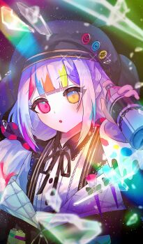 Rule 34 | 1girl, :o, absurdres, artist painter, beret, black background, blunt bangs, bow, commentary request, glass shards, hand up, hat, heterochromia, highres, holding, holding spray can, jogasaki noah, kurojo momiji, long hair, long sleeves, looking at viewer, mahou shoujo no majo saiban, multi-tied hair, multicolored hair, neck ribbon, pale skin, polka dot, polka dot bow, ribbon, shirt, solo, spray can, streaked hair, upper body, white hair, white shirt, yellow eyes