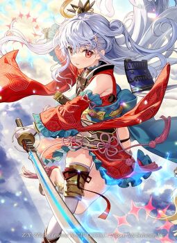1girl blue_hair copyright_notice detached_sleeves floating_hair fujima_takuya gloves hair_ornament holding holding_sword holding_weapon japanese_clothes kagamihara_azumi katana kimono long_hair official_art red_eyes red_kimono sheath single_thighhigh solo sword thighhighs weapon white_gloves white_thighhighs z/x