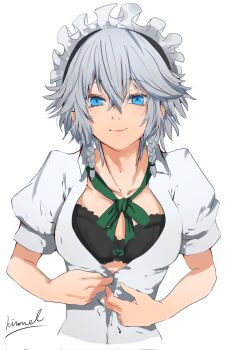 Rule 34 | 1girl, black bra, blue eyes, blue hair, bra, bra peek, braid, braided sidelocks, buttoning, collarbone, commentary request, dressing, frilled headwear, hairband, highres, izayoi sakuya, looking at viewer, maid headdress, nuru himmel, partially unbuttoned, shirt, short hair, signature, simple background, solo, touhou, underwear, white background, white hairband, white shirt