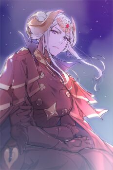 1dahesss 1girl breasts cape closed_mouth dress edelgard_von_hresvelg edelgard_von_hresvelg_(timeskip) fake_horns fire_emblem fire_emblem:_three_houses gloves highres horns long_hair looking_at_viewer medium_breasts night night_sky nintendo purple_eyes purple_sky red_cape red_dress red_gloves sky solo star_(sky) starry_sky white_hair