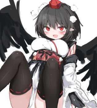 Rule 34 | 1girl, absurdres, bird wings, black hair, black wings, blush, breasts, brown thighhighs, commentary, detached sleeves, hat, highres, japanese clothes, kimono, kourindou tengu costume, large breasts, looking at viewer, medium hair, obi, official alternate costume, open mouth, pelvic curtain, pointy ears, pom pom (clothes), red eyes, red hat, red sash, reverinth, ribbon-trimmed thighhighs, ribbon trim, sash, shameimaru aya, side slit, simple background, smile, solo, thighhighs, thighs, tokin hat, touhou, white background, white kimono, wings