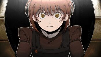 Rule 34 | 1girl, apron, asya shubina, black apron, brown eyes, brown hair, brown shirt, frilled shirt collar, frills, game cg, grin, indoors, juliet sleeves, long sleeves, looking at viewer, mirror, non-web source, nopanamaman, official art, pimple, puffy sleeves, sanpaku, school uniform, self-datamine, shirt, short hair, smile, solo, soviet school uniform, z.a.t.o. // i love the world and everything in it