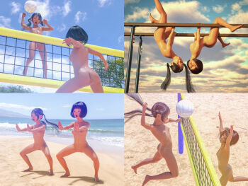 2girls 3d absurdres ass ball beach beach_volleyball black_hair breasts censored cloud collage completely_nude exercising highres jumping multiple_girls nude nudist ocean original playing playing_sports sand sky spread_legs upside-down volleyball volleyball_(object) volleyball_net