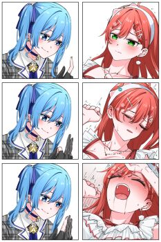 2girls black_gloves blue_choker blue_eyes blue_hair blush choker closed_eyes collarbone commentary dress earrings female_orgasm gloves green_eyes grey_dress hair_ornament hairband hairclip highres hololive hoshimachi_suisei implied_fingering jewelry kurokawa_rikuu long_hair multiple_girls necklace one_side_up open_mouth orgasm partially_fingerless_gloves pink_hair plaid_clothes plaid_dress pussy_juice pussy_juice_on_fingers sakura_miko saliva smile symbol-only_commentary virtual_youtuber white_hairband yuri