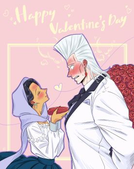 1boy 1girl blush bouquet candy chocolate chocolate_heart closed_eyes dark-skinned_female dark_skin fdc_pp flower food formal_clothes full-face_blush happy_valentine heart height_difference hetero highres jacket jean_pierre_polnareff jojo_no_kimyou_na_bouken looking_at_another malena_(jojo) muscular muscular_male red_flower red_rose rose smile stardust_crusaders suit sweatdrop valentine white_hair white_jacket white_suit