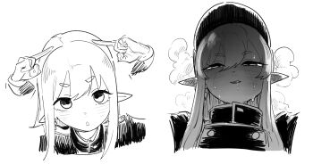 1girl asahina_yoshitoshi blue_archive blush ear_blush gloves greyscale hair_between_eyes half-closed_eyes hat highres hikari_(blue_archive) licking_lips long_hair looking_at_viewer monochrome multiple_views pointy_ears saliva simple_background sweat tongue tongue_out white_background