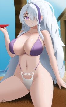 1girl absurdres artist_name azur_lane bare_shoulders bikini breasts cleavage collarbone commentary commentary_request cup day english_commentary hair_over_one_eye highleg highleg_bikini highres holding holding_cup huge_breasts long_hair looking_at_viewer manesonic mixed-language_commentary multicolored_bikini multicolored_hair o-ring o-ring_bikini official_alternate_costume outdoors purple_bikini purple_eyes purple_streaks sakazuki sitting solo streaked_hair swimsuit two-tone_bikini unzen_(azur_lane) unzen_(sojourn_through_clear_seas)_(azur_lane) very_long_hair white_hair