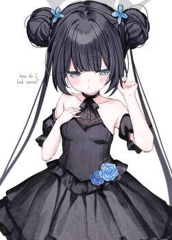 1girl absurdres bare_shoulders black_dress black_hair blue_archive blue_flower blush detached_sleeves dress english_text flower frilled_dress frills grey_eyes grey_halo hair_bun hair_flower hair_ornament halo hand_in_own_hair hand_on_own_chest highres kisaki_(blue_archive) kisaki_(dress)_(blue_archive) lace long_hair official_alternate_costume open_mouth shouu-kun simple_background sleeveless sleeveless_dress white_background