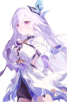 1girl closed_mouth dress genshin_impact hair_between_eyes hair_ornament highres long_hair purple_eyes simple_background skirk_(genshin_impact) urachi very_long_hair white_background white_dress white_hair