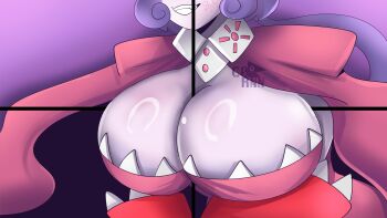 Rule 34 | appmon, breast focus, breasts, c0rnnnnnn, cape, cleavage, collar, digimon, digimon universe: appli monsters, fang, grin, huge breasts, long hair, purple hair, smile, teeth, warudamon