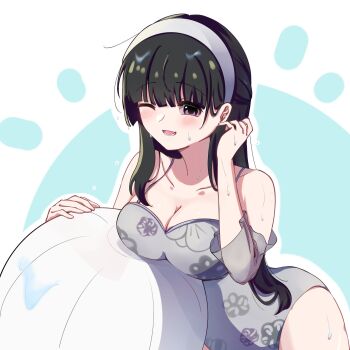 1girl ball bang_dream! black_hair blush breasts breasts_on_ball hair_ribbon highres hime_cut large_breasts long_hair looking_at_viewer non-web_source one_eye_closed open_mouth purple_eyes ribbon shirokane_rinko smile swimsuit wet white_ball zevi_(zevi_ii)