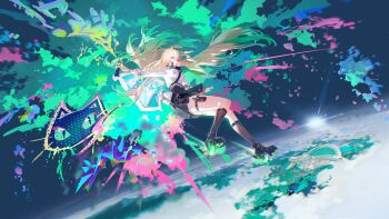 1girl absurdres black_shoes black_skirt black_socks blonde_hair blowing_bubble_gum breasts can chewing_gum chinese_commentary commentary_request graffiti highres holding holding_can long_hair lynae_(wuthering_waves) medium_breasts rafaelaaa shirt shoes skirt socks solo spray_can white_shirt wide_shot wuthering_waves