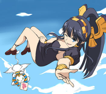 1girl black_hair blue_eyes bread bread_slice cloud day den_(kur0_yuki) dress dress_tug evolution female_focus floating food foreshortening hair_tubes hairband high_ponytail isis_(p&amp;d) legs looking_at_viewer midair mouth_hold nephthys_(p&amp;d) no_socks one_eye_closed outstretched_hand ponytail puzzle_&amp;_dragons shoes sky solo sphinx sphinx_(p&amp;d) thighs toast winged_hairband wings bracelet