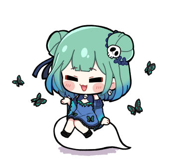 Rule 34 | 1girl, :3, blue hair, blush stickers, bug, butterfly, chibi, chibi only, closed eyes, commentary request, detached sleeves, double bun, dress, fang, full body, ghost, gradient hair, green hair, hair bun, hair ornament, hair ribbon, highres, hololive, insect, long sleeves, multicolored hair, open mouth, ribbon, short hair, sitting, skull hair ornament, sleeveless, sleeveless dress, smile, solo, tanaka yutti, two side up, uruha rushia, virtual youtuber
