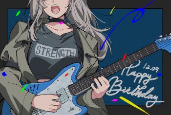 Rule 34 | 1girl, absurdres, black nails, black shirt, blue background, coat, commentary, confetti, dated, electric guitar, fender jazzmaster, girls band cry, grey coat, grey hair, guitar, guitar strap, happy birthday, head out of frame, highres, holding, holding plectrum, instrument, kawaragi momoka, kuji (orca9ji), music, nail polish, open clothes, open coat, open mouth, playing guitar, playing instrument, plectrum, shirt, solo, teeth