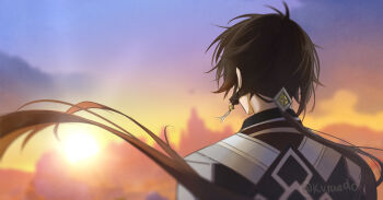 1boy black_coat brown_hair coat earrings facing_away floating_hair from_behind genshin_impact hashtag-only_commentary highres jewelry kuraedo long_hair male_focus ponytail solo sun sunset upper_body zhongli_(genshin_impact)