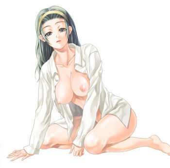 Rule 34 | 1girl, barefoot, breasts, female focus, green hair, grey eyes, long hair, maki aida factor, nipples, no bra, no panties, open clothes, open shirt, original, shirt, solo, white shirt