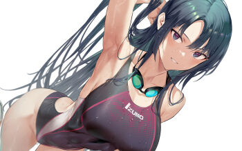 1girl arm_up armpits backless_swimsuit bare_shoulders black_eyes black_hair breasts covered_navel eyewear_around_neck highres hiiragi_yuuichi large_breasts looking_at_viewer one-piece_swimsuit original parted_bangs purple_one-piece_swimsuit simple_background smile solo swimsuit wet wet_clothes wet_swimsuit white_background