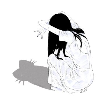 1girl back_cutout barefoot black_hair black_nails breasts cat_shadow_puppet_(meme) clothing_cutout colored_skin commentary dress english_commentary full_body highres long_dress long_hair meme shadow signature small_breasts solo squatting sweat the_ring virtuware white_skin yamamura_sadako