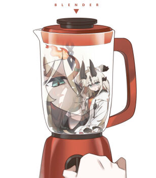 2girls absurdres aqua_eyes arknights arm_up black_boots black_gloves black_horns blender_(object) blonde_hair boots closed_mouth dress evil_smile fire flame-tipped_tail gloves highres horns imminent_death infection_monitor_(arknights) isikishoku_akn jacket long_hair looking_at_viewer mini_person minigirl multiple_girls necrass_(arknights) parted_lips reed_(arknights) reflection shaded_face shoe_soles short_dress siblings simple_background sisters sitting smile split_mouth sweatdrop sweater sweater_dress tail tail_ornament tail_ring thigh_boots white_background white_jacket worried