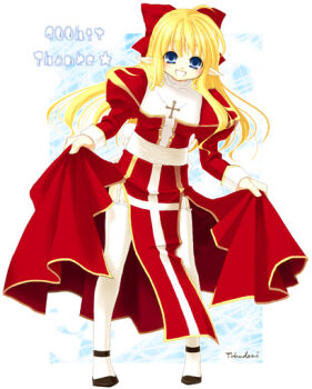 1girl 2000s_(style) :d ahoge black_shoes blonde_hair blue_eyes blush bow commentary_request cross cross_print curtsey dress full_body garter_straps hair_bow high_priest_(ragnarok_online) juliet_sleeves long_hair long_sleeves looking_at_viewer milestone_celebration open_mouth pelvic_curtain pointy_ears puffy_sleeves ragnarok_online red_bow red_dress sash shoes signature smile solo standing thighhighs tsukada_tozu two-tone_dress white_dress white_sash white_thighhighs