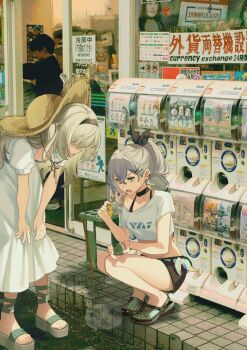 2girls alternate_costume ankle_strap belt_bow black_bow black_choker black_hairband black_shorts black_sports_bra black_straps bow bra_strap breasts casual charm_(object) choker cleavage crocs crossed_bangs downblouse dress drill_hair drill_ponytail ear_piercing earrings firefly_(honkai:_star_rail) gashapon grey_eyes grey_hair hair_between_eyes hair_bow hairband hands_on_own_knees hat highres holding holding_toy homu_(honkai_impact) honkai:_star_rail honkai_(series) jewelry leaning_forward long_hair looking_at_another looking_at_object multiple_girls obscured_eyes one_side_up open_mouth outdoors photo_background piercing platform_sandals sandals shirt shop short_shorts short_sleeves shorts silver_wolf_(honkai:_star_rail) single_bare_shoulder single_drill small_breasts sports_bra squatting storefront straw_hat stud_earrings tana_(tanabio) toy trash_can watermark white_dress white_shirt