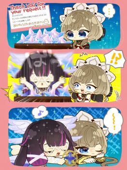 Rule 34 | !?, ..., 2girls, absurdres, asr g orz, bare shoulders, black collar, black hair, black sleeves, blue eyes, blush, bonnet, breasts, brown hair, chibi, chibi only, closed eyes, closed mouth, collar, columbina (genshin impact), commentary request, detached collar, detached sleeves, dress, english text, eye mask, genshin impact, gloves, hair flaps, hair ornament, hair ribbon, hand on own cheek, hand on own face, head wings, headdress, highres, holding, long hair, long sleeves, lying, mask, masterless starglitter, multicolored hair, multiple girls, multiple wings, musical note, on stomach, open mouth, primogem, purple hair, purple streaks, ribbon, sandrone (genshin impact), see-through clothes, see-through mask, short hair, short hair with long locks, sidelocks, smile, sparkle, spoken ellipsis, spoken musical note, streaked hair, surprised, translation request, treasure chest, twitter username, two-tone hair, very long hair, white dress, white gloves, white headdress, white mask, white wings, wing hair ornament, wings, wrist bow, x-shaped eyewear