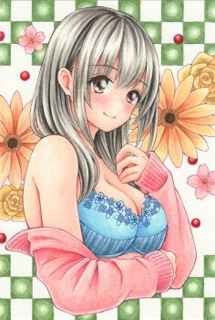 1girl absurdres blue_bra bra breasts cardigan cardigan_partially_removed checkered_background choppy_bangs closed_mouth commentary cropped_torso floral_background flower from_side grey_eyes grey_hair highres large_breasts long_hair long_sleeves marker_(medium) midori_(mira567) orange_flower original pink_cardigan pink_flower rose smile solo straight_hair traditional_media underwear yellow_flower yellow_rose