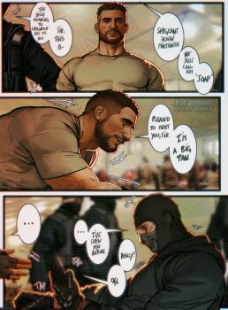 2boys bara black_gloves black_hair brown_shirt call_of_duty call_of_duty:_modern_warfare_2 facial_hair ghost_(modern_warfare_2) gloves highres holding holding_phone hood hood_down hoodie large_pectorals male_focus mask multiple_boys muscular muscular_male pectorals phone shirt short_hair skull_mask soap_(modern_warfare_2) translation_request umikochannart