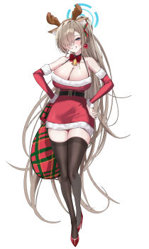1girl absurdly_long_hair absurdres alternate_hairstyle animal_ears antlers asuna_(blue_archive) bag bare_shoulders bell black_thighhighs blue_archive blue_eyes breasts brown_hair commentary_request detached_sleeves dress earrings fake_animal_ears fake_horns full_body hair_over_one_eye hand_on_own_hip high_heels highres holding holding_bag horns jewelry large_breasts long_hair mango_(mango0208) neck_bell ponytail red_dress red_shoes reindeer_antlers santa_costume santa_dress shoes simple_background smile solo standing thighhighs very_long_hair white_background zettai_ryouiki