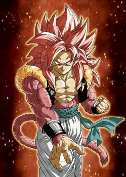 Rule 34 | 1boy, black vest, blue eyes, blue sash, body fur, clenched hand, cowboy shot, cropped vest, dragon ball, dragon ball gt, gogeta, highres, long hair, male focus, metamoran vest, muscular, muscular male, naouuma art, no shirt, pants, red hair, sash, solo, spiked hair, super saiyan, super saiyan 4, vest, white pants