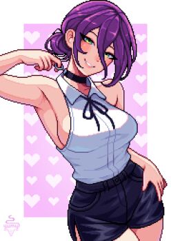 1girl absurdres artist_name black_choker black_ribbon black_shorts breasts chainsaw_man choker green_eyes grenade_pin hair_between_eyes hair_bun heart highres large_breasts looking_at_viewer neck_ribbon pixel_art purple_hair reze_(chainsaw_man) ribbon shirt short_shorts shorts sideboob sleeveless sleeveless_shirt solo white_shirt yumykon