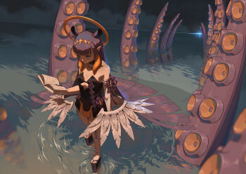 1girl absurdly_long_hair absurdres bare_shoulders book breasts cloud commentary_request dress feathered_wings halo highres holding holding_book hololive hololive_english long_hair low_wings night night_sky ninomae_ina&#039;nis ninomae_ina&#039;nis_(1st_costume) platform_shoes pointy_ears purple_hair reflection sky small_breasts socks standing standing_on_liquid tentacle_hair tentacles very_long_hair virtual_youtuber water white_socks wings zetsuental